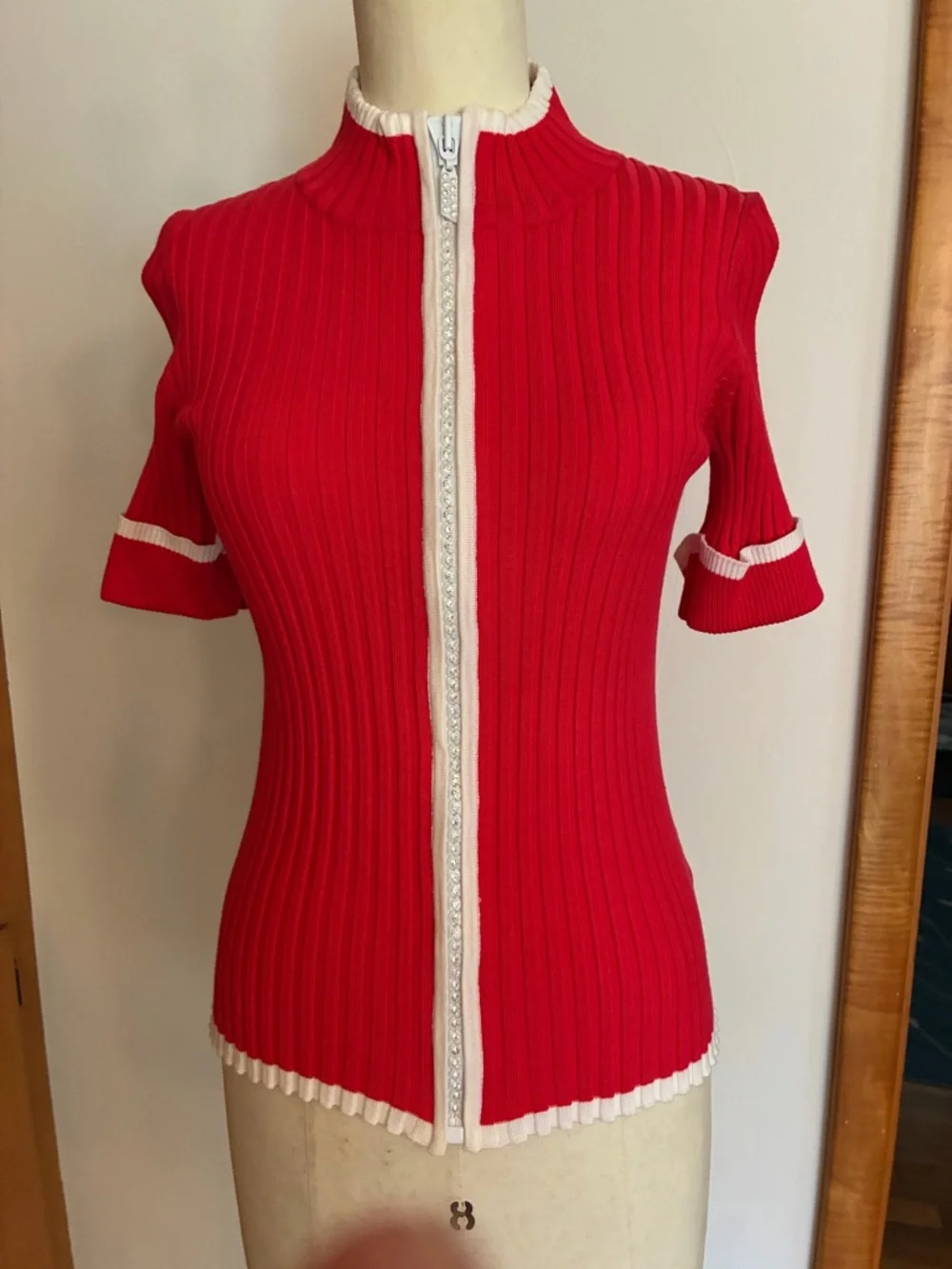 Belldini Coral Knit Cardigan Rhinestone Embellished Zipper White Trim Red Pink - Picture 6 of 10